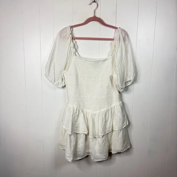Japna White Eyelet Tiered Puff Sleeve Smocked Mini Dress Beach Boho Summer XL - Picture 3 of 11